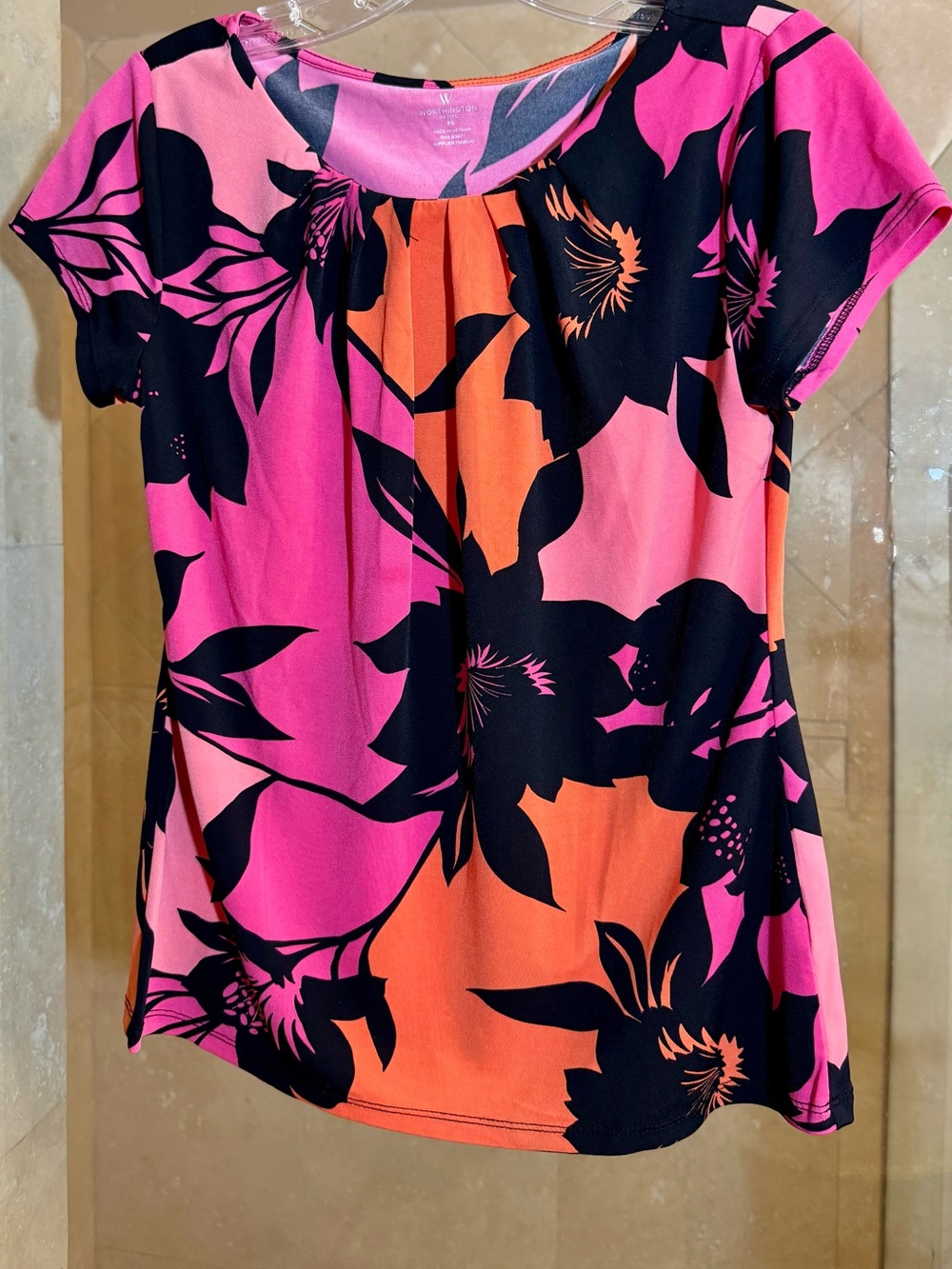 Worthington Pink & Orange Floral Scoop Neck Blouse